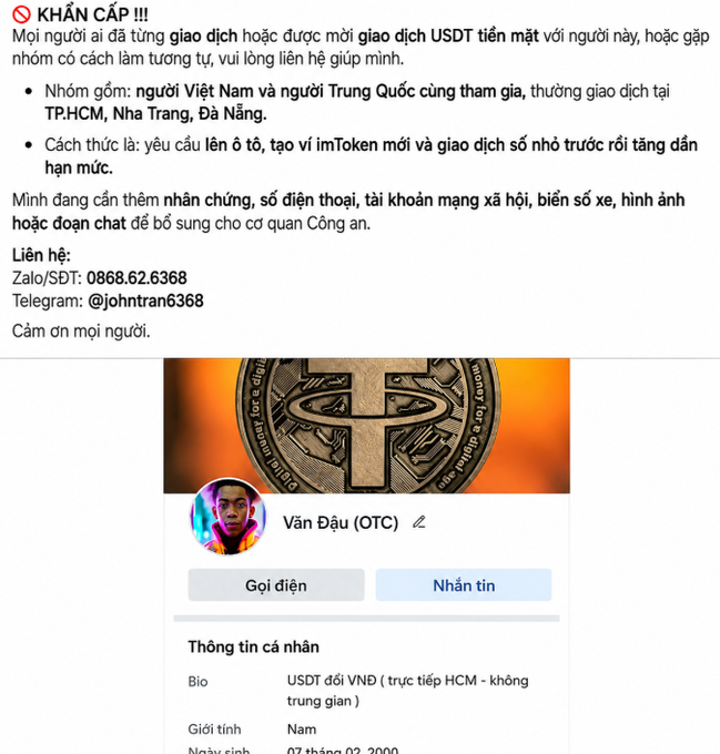 A Vietnamese social media post titled 'KHẨN CẤP !!!' requests information on USDT cash transactions, providing Zalo/phone contact 0868.62.6368 and Telegram @johntran6368, alongside a profile for 'Văn Đậu (OTC)' advertising 'USDT đổi VND (trực tiếp HCM - không trung gian ).'