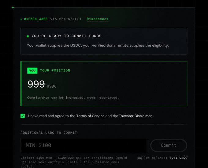 A crypto trading interface shows a verified OKX wallet address ready to commit funds, displaying a current position of 999 USDC with options to commit additional USDC (minimum $100).
