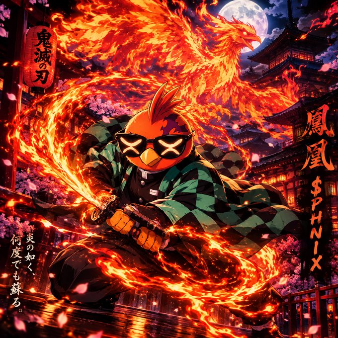 An anime-style illustration depicts a chicken-like character wearing sunglasses and a green checkered coat wielding a flaming sword, with a phoenix made of fire in the background. Japanese text and '$PHNIX' are visible.