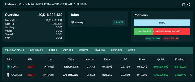 A crypto portfolio dashboard showing an address with 49,518,822.13$ in total value, including a HYPE long position with significant losses (-40,487,709.23$) and short positions on PONS and CASHCAT tokens at 3X leverage.
