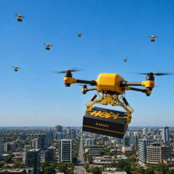A yellow delivery drone hovers over a city skyline carrying a black package labeled "BINANCE," accompanied by several smaller drones in the background—visualizing the concept of Binance-branded aerial gift delivery.