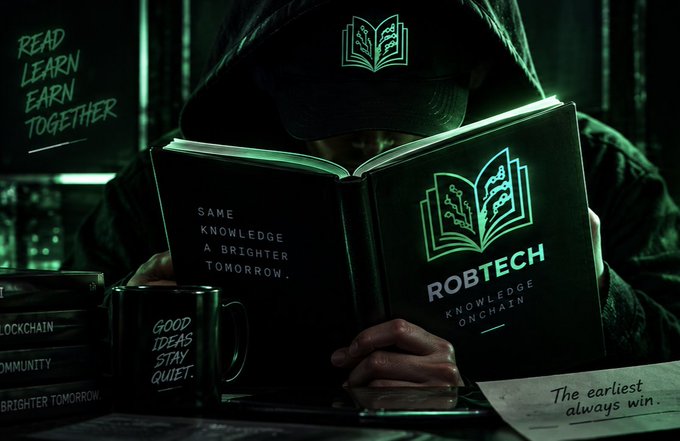 A hooded figure reads an open book in dim green lighting, with the right page displaying "ROBTECH" alongside "KNOWLEDGE ONCHAIN" and a glowing book logo, while the left page reads "SAME KNOWLEDGE A BRIGHTER TOMORROW." Surrounding text includes "READ LEARN EARN TOGETHER" on the wall, "GOOD IDEAS STAY QUIET" on a coffee mug, "BLOCKCHAIN COMMUNITY BRIGHTER TOMORROW" on stacked books, and "The earliest always win" on a note.