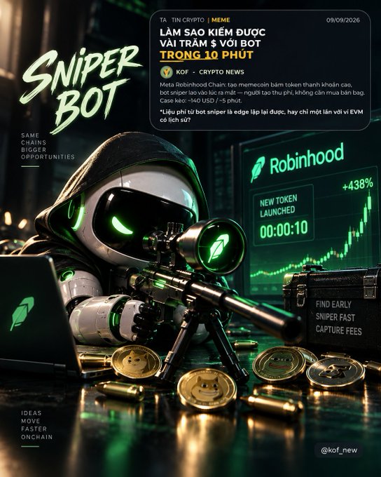 A crypto promotional graphic in Vietnamese titled 'SNIPER BOT' (TIN CRYPTO | MEME, 09/09/2026) features a robotic figure with glowing green eyes holding a sniper rifle, with text about trading bot KOF and a Robinhood new token launch showing +438%.