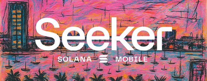 The image shows a vibrant, artistic rendering of a marina at sunset with boats and palm trees, overlaid with the text "Seeker," "SOLANA," and "MOBILE," symbolizing the $SKR token's presence in the Solana mobile ecosystem. The lively, community-focused design complements the post's invitation to join the $SKR community.