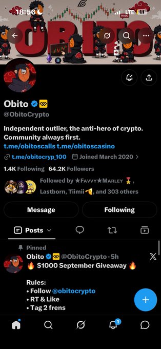The image shows the X (Twitter) profile of "Obito" (@ObitoCrypto), an independent crypto figure with 64.2K followers, featuring anime-style artwork and a pinned $1000 September Giveaway post. The accompanying message mentions a Solana wallet address tagged to the giveaway, with the user thanking Obito—indicating they are participating in the contest shown in the pinned tweet.