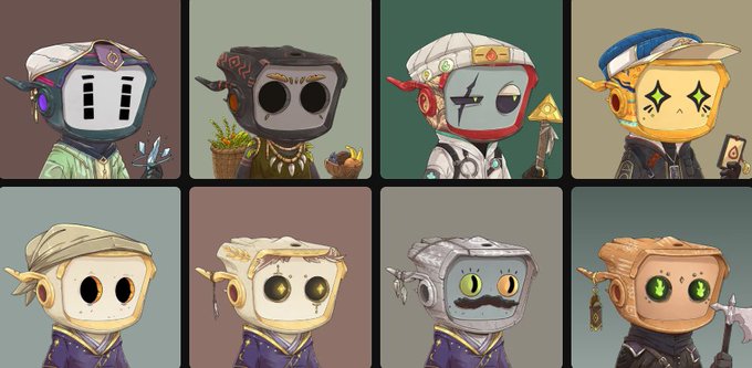 A grid of eight cartoon-style character portraits featuring robot-like figures with TV screen heads, each with distinct color schemes and accessories.