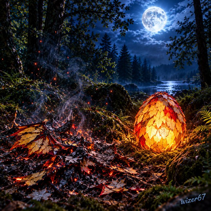 A fantasy digital artwork showing a glowing orange dragon egg on a mossy forest floor with autumn leaves, embers, and a misty lake under a full moon, signed "wizer67".