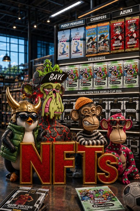 A group of quirky figurines—including a penguin in a viking helmet, a green zombie-like character, a monkey, and a leopard-print creature—stand behind a large red "NFTs" sign in a collectibles store, with shelves of trading cards behind them labeled "PUDGY PENGUINS," "CHIMPERS," "AZUKI," "VEEFRIENDS," and "PANINI PRIZM FIFA WORLD CUP 2026," tying into the post's focus on Panini and the blend of NFTs, TCGs, digital collectibles, and soccer.