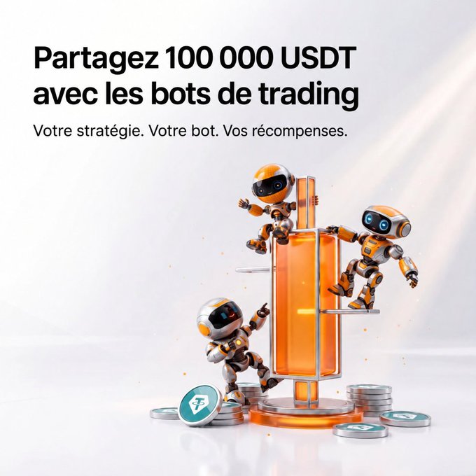 An advertisement in French promoting a USDT trading bot, showing three orange and white robots around a glowing orange pillar with the text 'Partagez 100 000 USDT avec les bots de trading'.