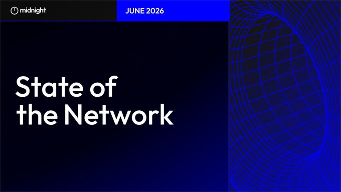 A Midnight network presentation slide titled 'State of the Network' dated 'JUNE 2026' with a dark blue background and abstract blue wireframe globe graphics on the right side.