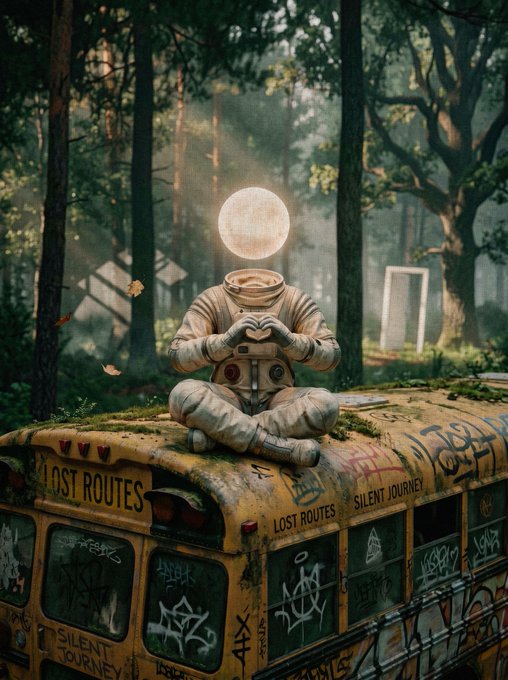 An astronaut sits cross-legged atop an abandoned yellow school bus in a misty forest, forming a heart shape with their hands, while their glowing spherical helmet hovers above them. The bus is covered in graffiti reading "LOST ROUTES" and "SILENT JOURNEY," matching the title of the "Silent Journey" NFT collection (0.1 Ξ) from @TransientLabs featured in the post.