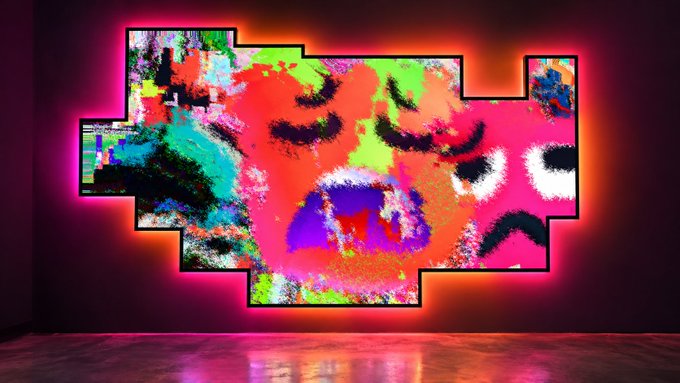 A vibrant, glitchy LED art installation in pink, green, and red neon colors mounted on a wall, featuring distorted abstract faces with closed eyes.