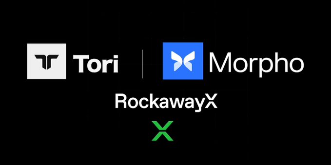 The image displays the logos of three entities—Tori (with a "T" icon in a white square), Morpho (with a butterfly icon in a blue square), and RockawayX (in white text with a green "X" symbol)—against a black background, visually representing the collaboration highlighted in the post about the Tori Ecosystem Vault that allows users to supply USDC on Morpho while curated by RockawayX.