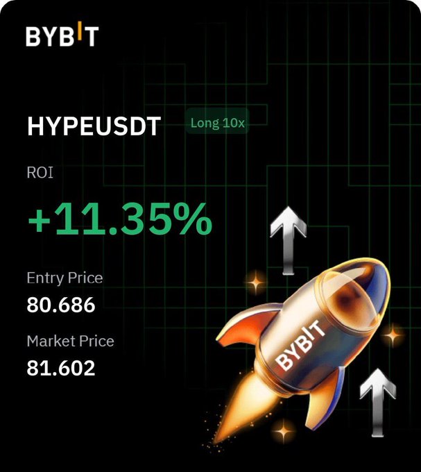 A promotional graphic for the cryptocurrency exchange Bybit showing a rocket illustration and a 'HYPEUSDT' trade with a '+11.35%' ROI, an entry price of '80.686', and a market price of '81.602'.