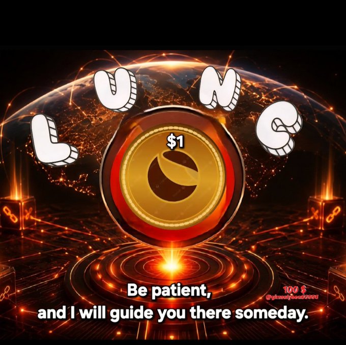 A digital graphic featuring the word 'LUMS' around a gold coin with '$1' on it, set against a glowing globe background, with the text 'Be patient, and I will guide you there someday.'