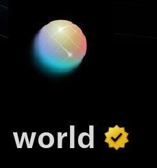 A colorful gradient sphere logo with the text "world" and a yellow verified checkmark appears on a black background, representing the Worldcoin ($WORLD) cryptocurrency project, whose hype on the timeline the post questions.