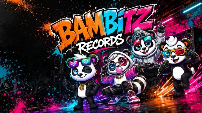 A vibrant graffiti-style promotional graphic for 'Bambitz Records' featuring four cartoon panda characters in streetwear outfits with sunglasses and accessories, holding microphones and DJ equipment against a colorful urban backdrop.