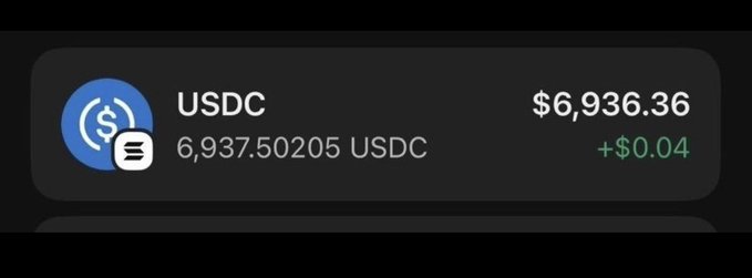 The image displays a digital wallet balance of 6,937.50205 USDC, valued at $6,936.36, showing a small gain of +$0.04. This appears to illustrate the claim that earning $5K is achievable in crypto, supporting the post's message about making significant money through the promoted trading group.