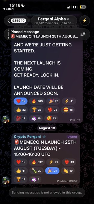 A Telegram screenshot from the 'Fergani Alpha' group (36,612 members) showing a pinned message about a MEMECOIN LAUNCH on 25th August, with timestamps from August 18.