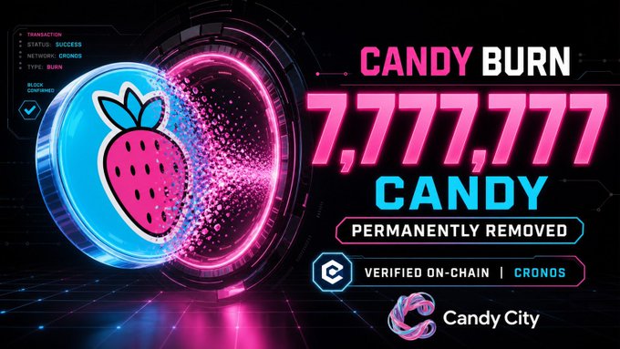 A neon-styled graphic announcing a "CANDY BURN" of "7,777,777 CANDY PERMANENTLY REMOVED," verified on-chain via Cronos for Candy City.