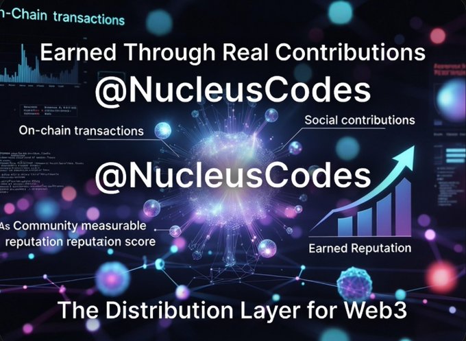 Promotional graphic for @NucleusCodes titled 'Earned Through Real Contributions' and 'The Distribution Layer for Web3,' highlighting on-chain transactions, social contributions, and community-measurable reputation scores.