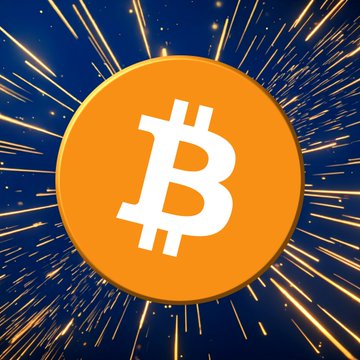 A Bitcoin (₿) coin icon displayed against a dynamic blue and orange starburst background. The image relates to the post by highlighting Bitcoin's role as the foundation for the upcoming "Pogun" platform, which aims to improve BitVM functionality for stablecoin lending between Bitcoin and Cardano.