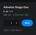 The image displays a mobile app interface for "Allowist Stage One" with a timer showing 0:04 ETH remaining, a total amount of $98.19, a "MINTING NOW" badge, and a quantity selector set to 1 next to a blue "MINT" button, with a note indicating "LIMIT 3 PER WALLET." This relates to the post about a "$98 to $49" ROI, likely referencing the discounted mint price of $49 shown in the image compared to a later $98.19 valuation.
