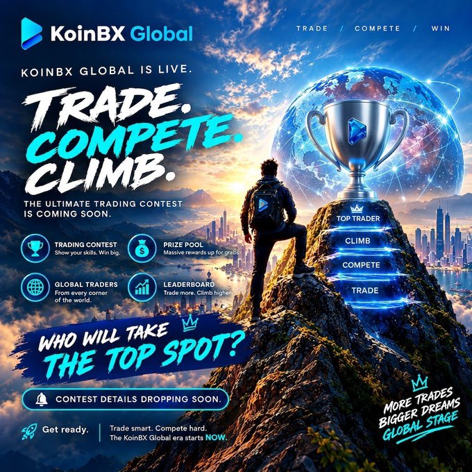 A promotional poster for KoinBX Global announcing an upcoming trading contest with the headline "TRADE. COMPETE. CLIMB." featuring a figure standing atop a rocky peak beneath a glowing trophy and globe, highlighting key contest elements like the trading competition, massive prize pool, and global trader participation. The design reinforces the post's message about KoinBX Global being live and building anticipation for a worldwide trading competition where users can climb the leaderboard.