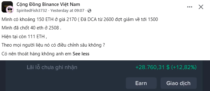 A screenshot of a Facebook post from 'Cộng Đồng Binance Việt Nam' by user SpiritedFish3732, discussing ETH holdings and trading decisions, with an unrealized profit of +$28,760.31 (+12.82%) shown below.