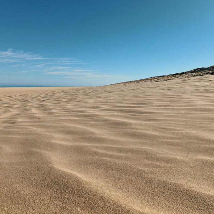 A serene landscape photo of rippled sand dunes in the foreground leading to the ocean horizon under a clear blue sky with wispy clouds.