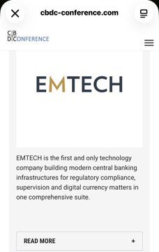 A mobile webpage from cbdc-conference.com featuring EMTECH, described as the first technology company building modern central banking infrastructures for regulatory compliance, supervision, and digital currency matters.