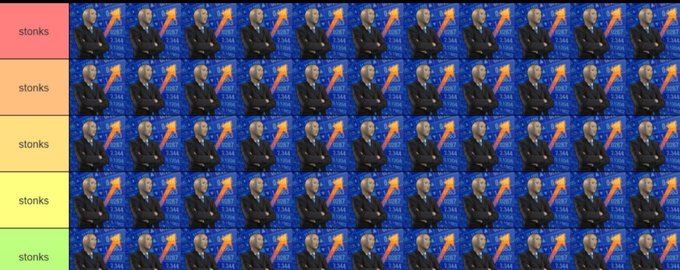 A meme image displays a repeating grid of a man in a suit with an orange upward arrow, labeled with "stonks" on the left side in five colored rows.