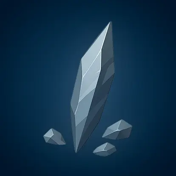 A stylized illustration of a tall grey crystal/monolith surrounded by smaller stones against a dark blue gradient background.