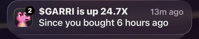 A notification reads '$GARRI is up 24.7X Since you bought 6 hours ago' with a pink character icon and '13m ago' timestamp.