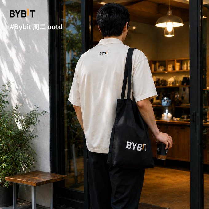 A person with their back to the camera wears a cream-colored polo shirt with 'BYBIT' embroidered on the back, carries a black tote bag also displaying the 'BYBIT' logo, and holds a coffee cup while standing at the entrance of a cafe. Text in the upper left reads 'BYBIT #Bybit 周二 ootd'.