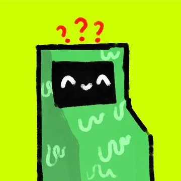 A simple cartoon illustration of a smiling green computer monitor character with three red question marks above its head, set against a bright green background.