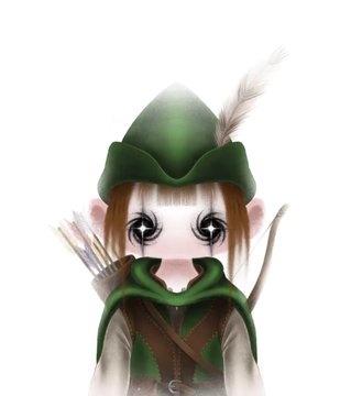 A chibi-style cartoon character of a young archer wearing a green hat with a feather and green cloak, with large expressive eyes.