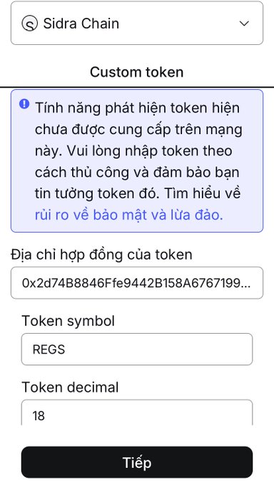 A mobile interface for adding a custom token on Sidra Chain, showing fields for the token contract address, symbol 'REGS', and decimal '18' with Vietnamese text warning about security risks.