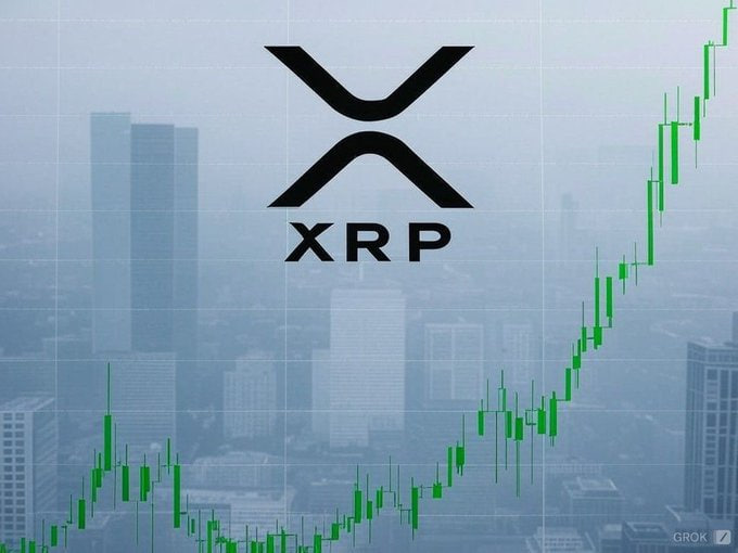 An image featuring the XRP logo prominently displayed over a city skyline background with a green upward-trending candlestick chart.
