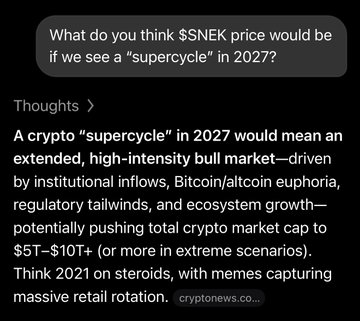 The image shows a black screen that has a white text box with a question written in it about Cryptocurrency, specifically Bitcoin (BTC) price in relation to US Dollar, which is $SNEK. The answer to this question is given as "A crypto-supercycle" would mean an extended high-intensity bull market - driven by institutional flows of Bitcoin/al cryptocurrency".