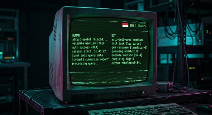 A retro CRT monitor in a dark, tech-themed setting displays green text showing terminal output labeled 'HUMAN' and 'BOT' under a status header.