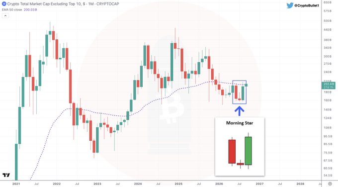 The image shows a 1-month candlestick chart of the Crypto Total Market Cap Excluding Top 10 ($OTHERS) trading at 200.038 on TradingView, with a blue annotation highlighting a "Morning Star" reversal pattern forming near the dotted EMA 50 resistance line. This visual supports the post's claim of a bullish reversal setup, though the chart shows price still testing the EMA50 resistance as the tweet suggests.