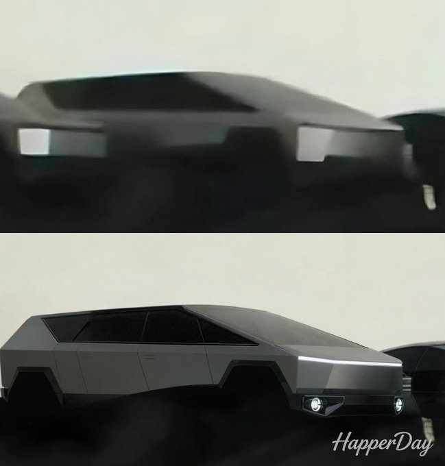 Two views of a futuristic, angular vehicle resembling a Tesla Cybertruck, shown from the front and side, with 'HapperDay' text in the bottom right corner.