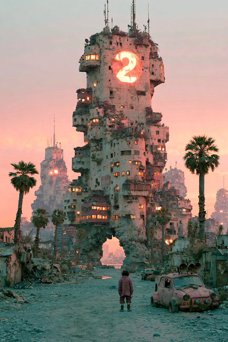 A lone figure stands before a towering, post-apocalyptic megastructure illuminated by a glowing "2" at sunset, with an abandoned vintage car and crumbling ruins framing the dusty path leading toward the massive building.