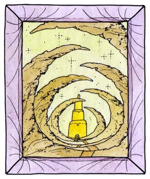 A whimsical illustration of a small yellow figure holding a red heart, sitting on a path surrounded by a swirling, layered landscape, framed by a purple spiderweb border.
