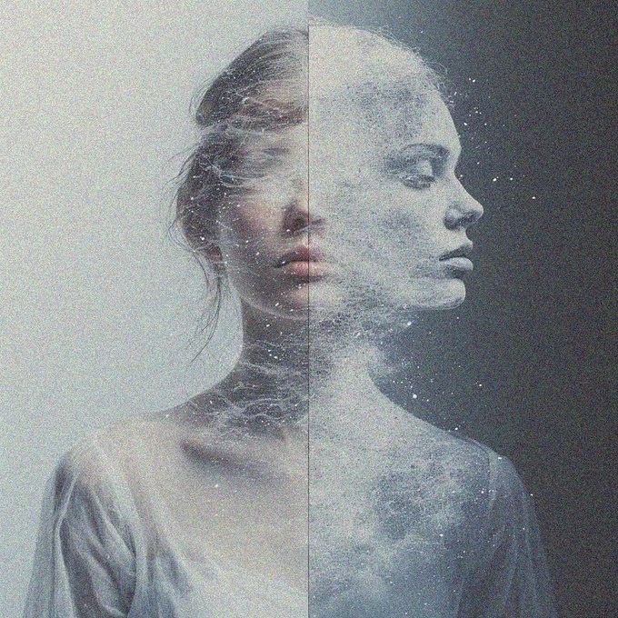 Surreal artistic portrait of a woman's profile split into two halves, blending her skin with a starry, watery texture.