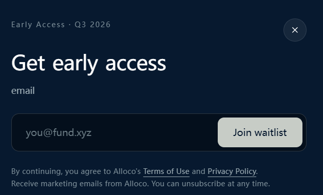 Early access sign-up page for Alloco (Q3 2026) with an email input field and a "Join waitlist" button, matching the call to action to join the Allocofi waitlist.