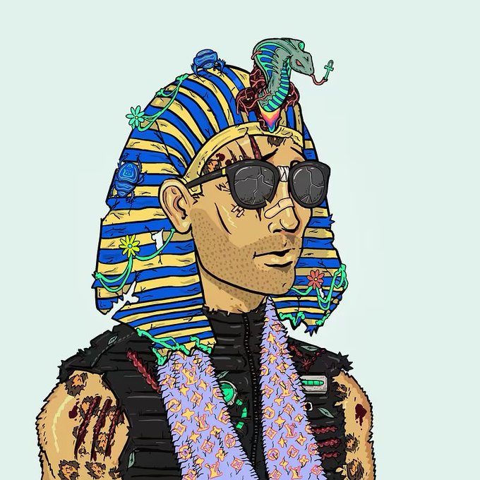 Digital artwork depicting a pharaoh-style figure wearing a blue and gold striped nemes headdress adorned with a cobra, broken sunglasses, and a floral vest, with visible scars on his arms.