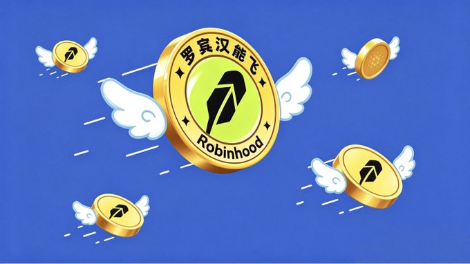 The image features a large golden coin with wings in the center, emblazoned with "Robinhood" and Chinese characters "罗宾汉能飞" (Robinhood Can Fly), surrounded by smaller winged coins flying across a blue background. This visual perfectly complements the post announcing the official launch of the "Robinhood Can Fly" meme token on the Robinhood platform at 18:00, with 1 billion total supply and 200 million tokens allocated for an airdrop.
