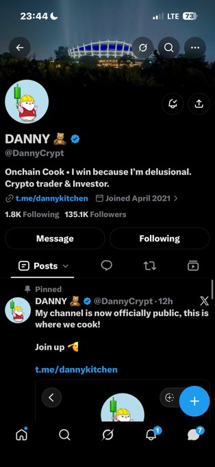 A screenshot of a Twitter/X profile for 'DANNY' (@DannyCrypt), described as an 'Onchain Cook' and 'Crypto trader & investor', showing 135.1K followers and a pinned tweet about his channel becoming public.